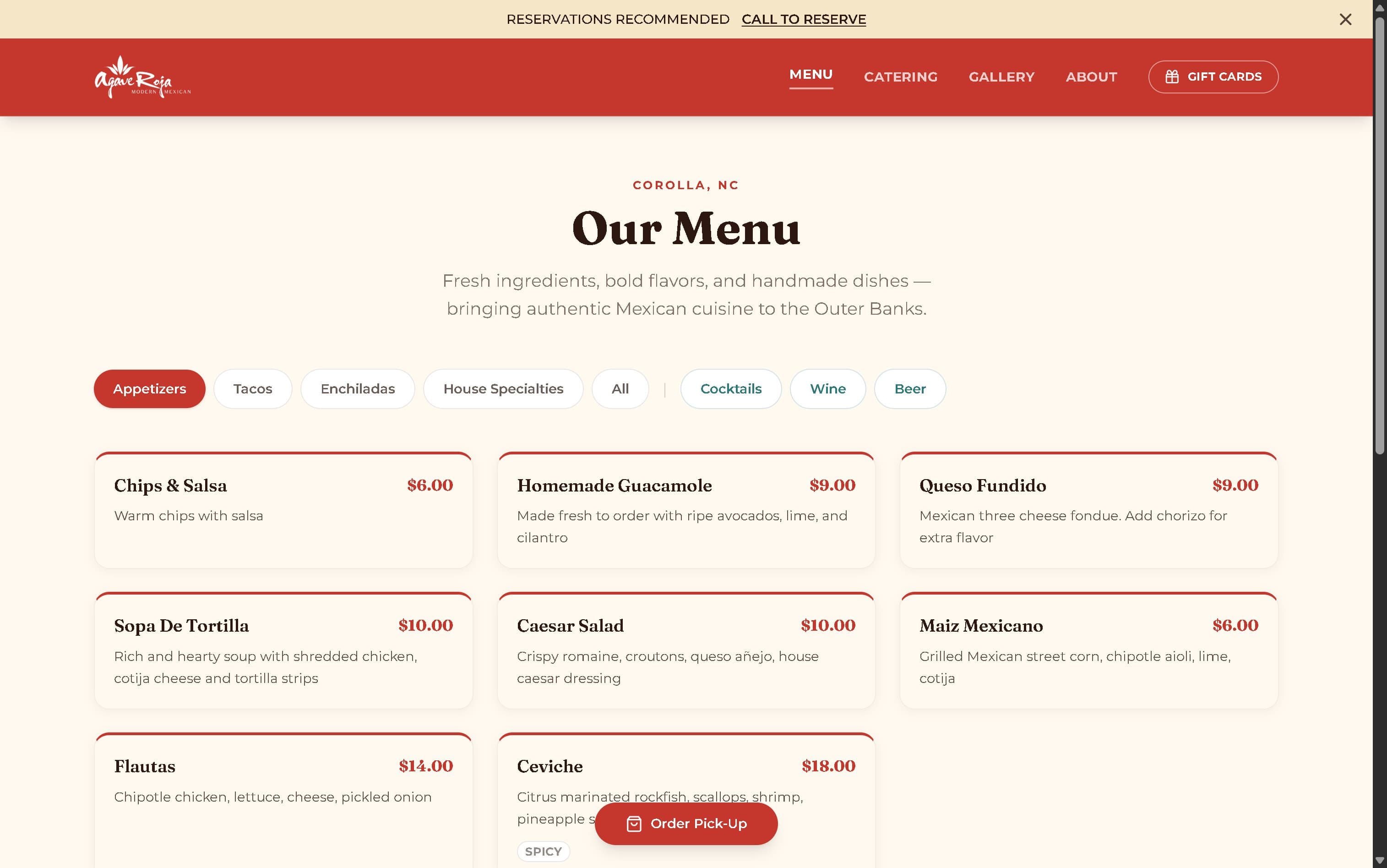 Agave Roja menu page
